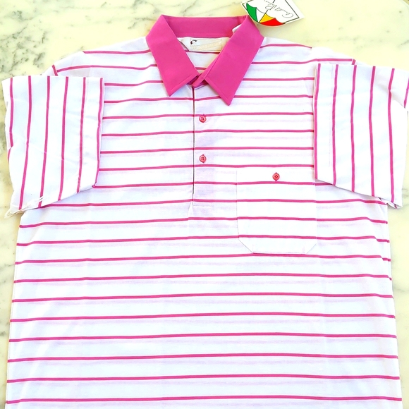 NWT. Men's Cotton Blended Short Sleeve Polo Shirt with pink stripes. - Picture 3 of 4